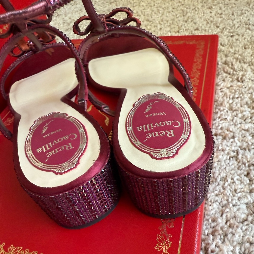 Rene Caovilla Maroon Swarovski Crystal 'Caterina' Block Heel Sandals 36 - Picture 8 of 9